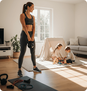 Mom exercising at home with kids